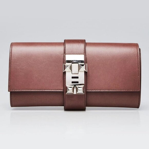 Hermes 23cm Griolet Box Leather Palladium Plated Medor Clutch Bag - Picture 1 of 9